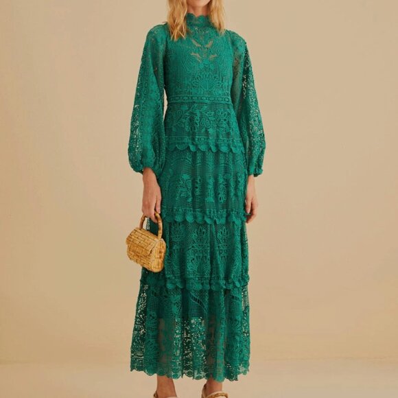 FARM Rio Dresses & Skirts - FARM RIO Guipure Lace Long Sleeve Maxi Dress, Dark Green, Size XS, NWT 🇧🇷